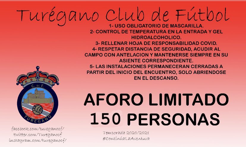 🚨Información partido Derbi🚨
El partido que mañana jugamos en Turègano contra el <a href="/unami_cp/">UNAMI CP.</a> las 16:30h, podrán venir a verle todo el mundo que quiera hasta llenar el 33% de Aforo permitido por las restricciones del Covid-19.