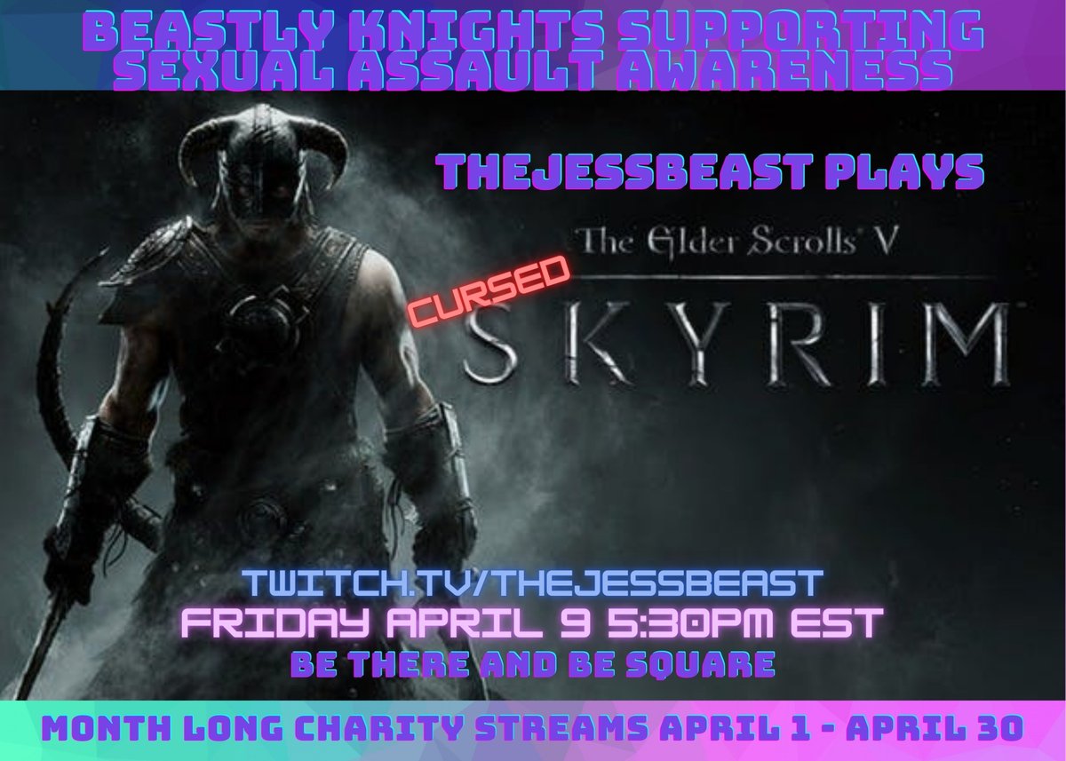ArnaTrevelyan's tweet image. Going live in a half hour at twitch.tv/thejessbeast with a cursed run of Skyrim to raise money for Starting Point in honor of Sexual Assault Awareness Month.

tiltify.com/@thejessbeast/…
