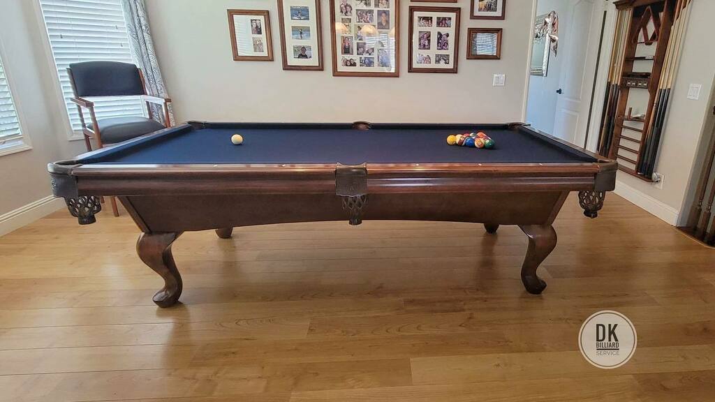 dkbilliards's tweet photo. Finished up this 8 foot recushion job on an American Heritage in Yorba Linda. Navy blue felt is new. Previous pics show rotted rubber and cut rail cloth. #billiards #dkbilliards #playpool #mancave #gameroom #pooltable https://t.co/OKYntbY2PG https://t.co/F3KSYIxEsu