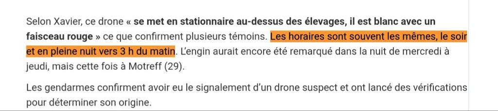 64 Les horaires sont souvent les mêmes,  LE SOIR et vers 3H DU MATIN. L’engin aurait encore été remarqué dans la nuit de mercredi à jeudi, mais cette fois à Motreff (29).