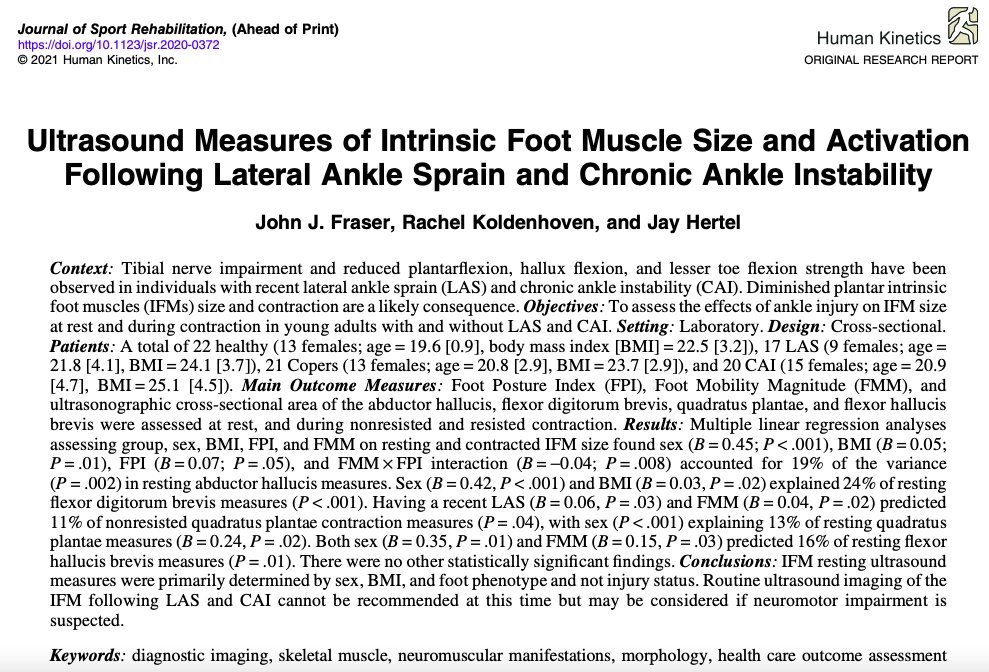 NavyPT's tweet image. Full text of our study assessing intrinsic foot muscle cross sectional area/activation in individuals with and without #anklesprain and chronic #ankleinstability published in @JSportRehab is now live and available for download until 07JUL. @UVAEaSIL
caps.luminad.com:8443///JSR-2020-037…