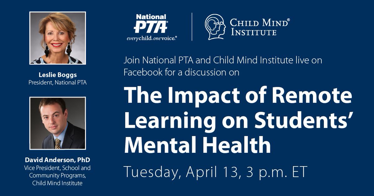 Join <a href="/NationalPTA/">NationalPTA</a> and @ChildMindInst LIVE on Facebook as we discuss "The Impact of Remote Learning on Students' Mental Health"

Tuesday, April 13
3PM ET
facebook.com/ParentTeacherA…