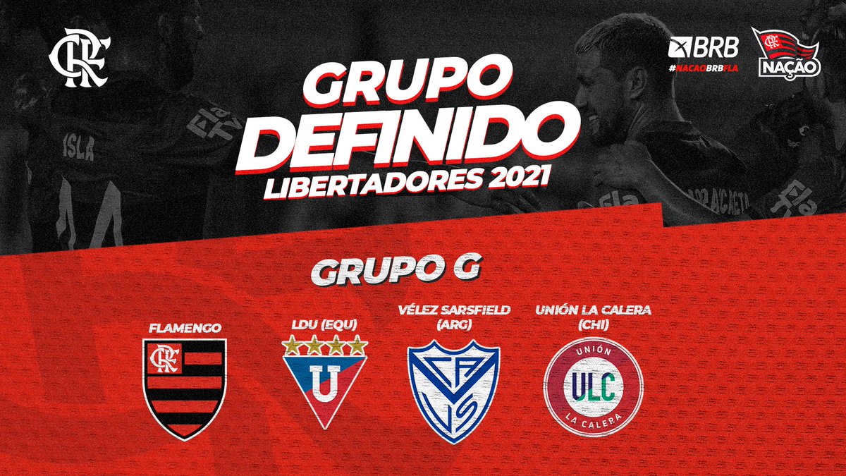O Flamengo está no Grupo G da Conmebol Libertadores 2021. LDU (EQU), Vélez Sarsfield (ARG) e Unión La Calera (CHI) serão os nossos adversários na fase de grupos. Vamos com tudo! 💪❤️🖤

#CRF