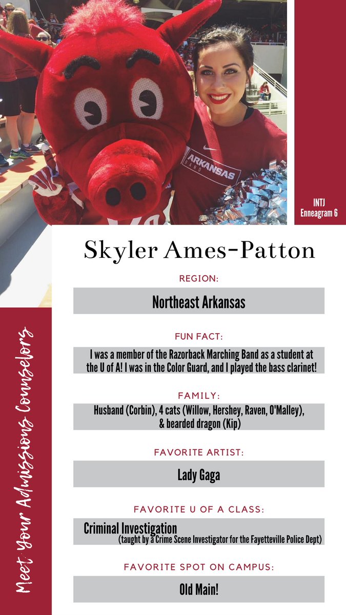 Meet Skyler, our admissions counselor who works with students in Northeast Arkansas. True crime is her favorite genre of just about anything, and she loves all animals and the color pink.

Have questions about the U of A? Ask Skyler! ow.ly/S8qO50E7IJ0