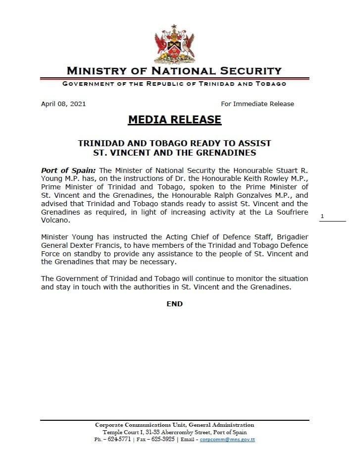On the public sector front: The Ministry of National Security of the Government of the Republic of Trinidad and Tobago stands ready to mobilize members of the T&T Defence Force as necessary, for emergency human resource relief in SVG.  #CaribbeanStrong  #LaSoufriereEruption