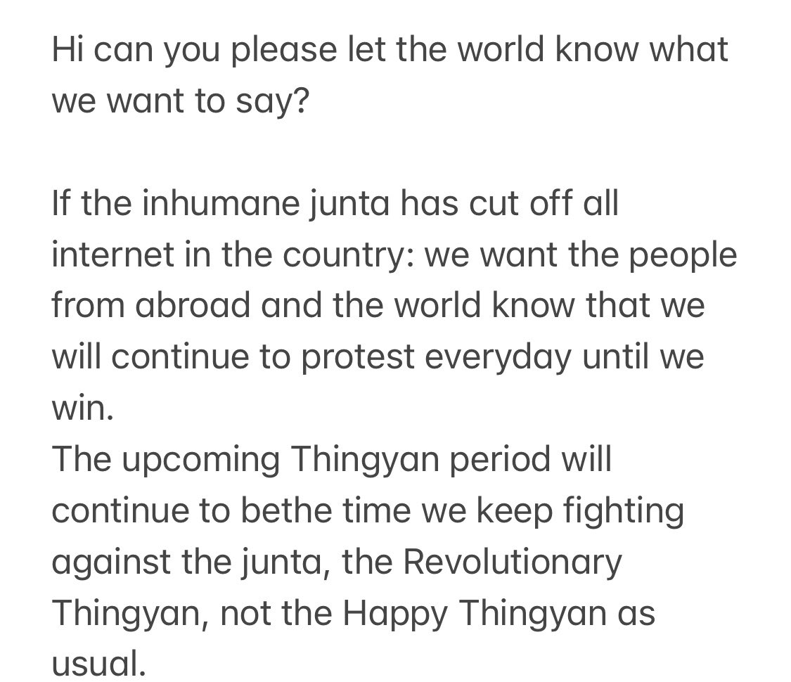 hninyadanazaw's tweet photo. Relaying the message from a youth who represents many who are out on the streets protesting everyday and fighting against Myanmar junta. 
#WhatsHappeningInMyanmar 
#MilkTeaAlliance https://t.co/tnnNzlha5g