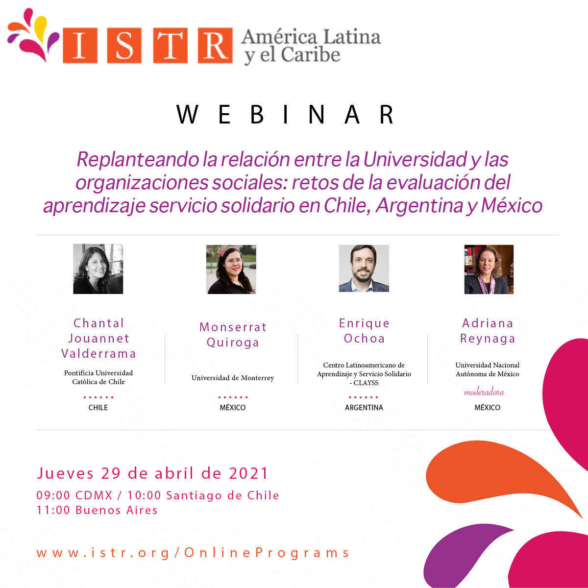 istrlac's tweet photo. WEBINAR @ISTRorg 
"Replanteando la relación entre la Universidad y las organizaciones sociales: retos de la evaluación del aprendizaje servicio solidario en Chile, Argentina y México"
JUEVES 29 DE ABRIL
9:00 CDMX
10:00 Santiago de Chile
11:00 Buenos Aires
https://t.co/d04x0dmqDY https://t.co/G7lDyVepOH
