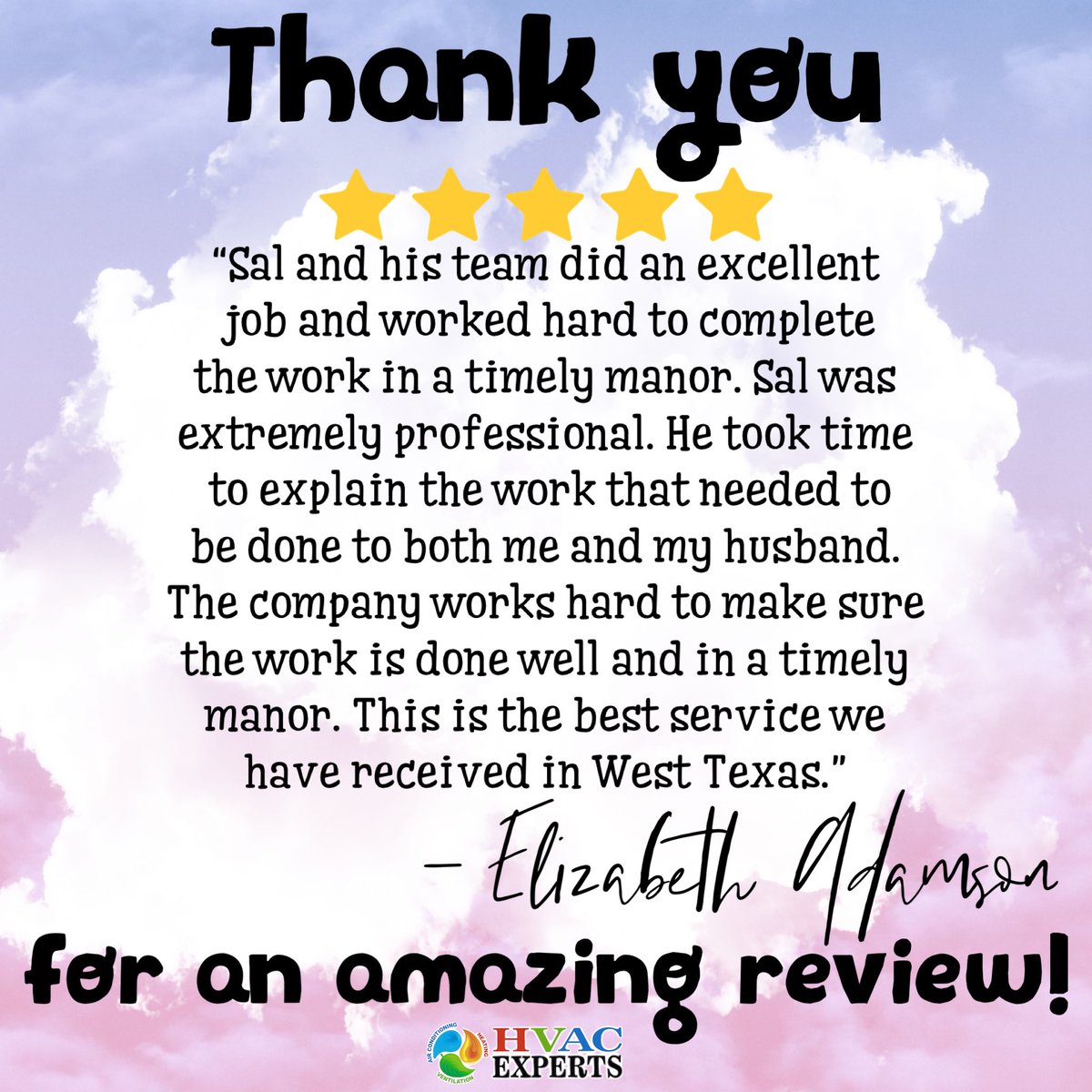 ExpertsHvac's tweet image. We are beyond grateful for all our customers! Our company wouldn’t be where it was without them and their fantastic reviews! 

Thank you so much for choosing HVAC Experts for all your furnace, ventilation, and AC needs!

Call HVAC Experts for help today!
(432)606-9787