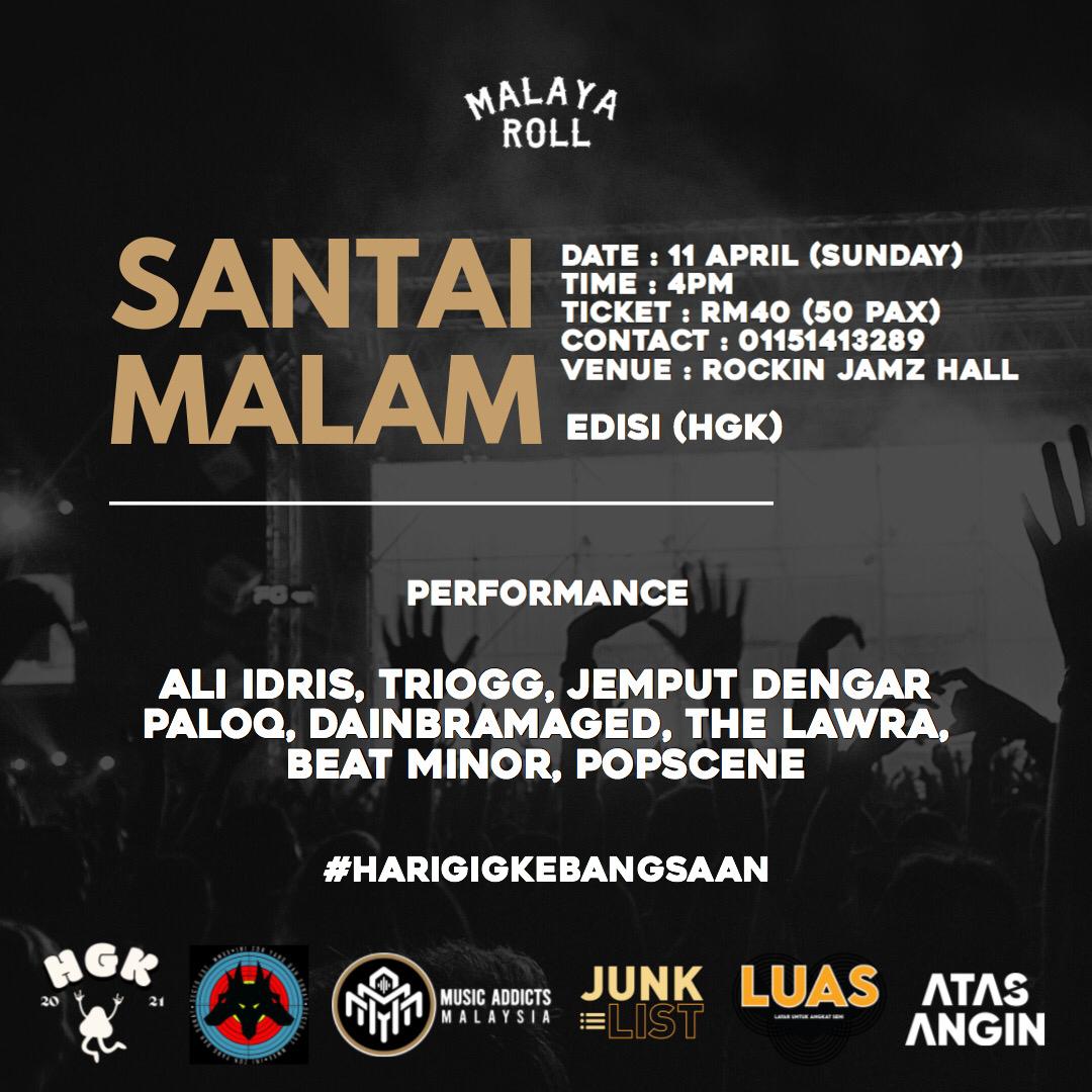 Jenn_Thompson's tweet photo. #ONGROUND LIVE : @MalayaRoll presents SANTAI MALAM Edisi (HGK) at #TheRockinJamzHall #MASAI #JOHOR ft. #AliIdris #TrioGG #JemputDengar #Paloq @DainDixies @thelawramy #BeatMinor #Popscene
SUNDAY April11 4pm
TICKETS : +6011 5141 3289
#HariGigKebangsaan https://t.co/dvXWIXMNo7