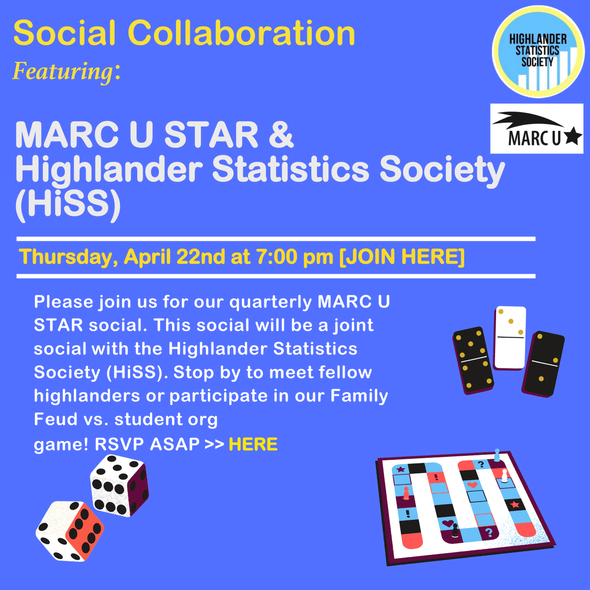 Hello everyone and happy Friday! Please see our flyer below for information on our social collaboration with the Highlander Statistics Society (HiSS) which will be held on Thursday April 22nd @7:PM RSVP ASAP HERE: forms.gle/DCcUZCyGekqf13…