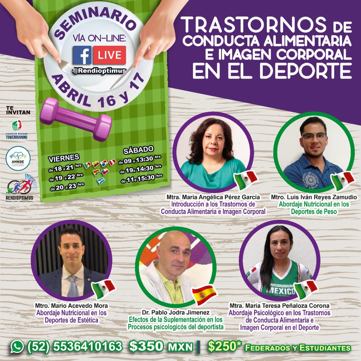 Uno de los grandes riesgos a los que nos enfrentamos los atletas de cualquier deporte son los trastornos alimenticios. Rendioptimus  ha organizado un seminario online "Trastornos alimentarios e imagen corporal en el Deporte" con excelentes exponentes. ¡¡Inscribanse!