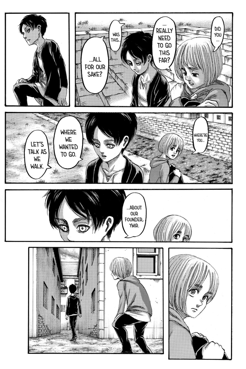 And the fact this conversation between Eren and Armin took place in and recontextualizes chapter 131 when Armin first got into paths (which was unexplained but now makes sense since Eren called him there) puts it into perspective with Eren's "freedom" & this both being one event.