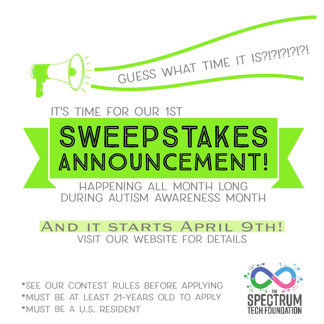 SpectrumTechFDN's tweet photo. We're pleased to announce our first sweepstakes ever --all month long contestants have a chance to win one of our CBD Care packages. Please see our website for more details 

https://t.co/4eVfmPLFgX 

#autism #AutismAwarenessMonth2021
#AutismAcceptanceMonth https://t.co/FRDFxRvQqh