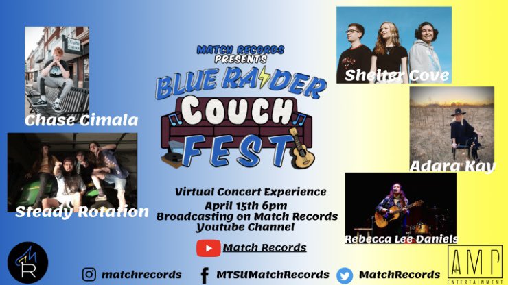 MatchRecords's tweet image. We’re excited to announce our artist line-up!! August 15th you will get to experience these artists plus more!! 
#CouchFest2021 #MatchRecords #brcf2021 #BlueRaiderCouchFest #MTSU