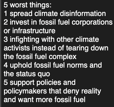 ClimateHuman's tweet photo. I have been asked for the 5 best and 5 worst things a person can do for the climate. Here's what came immediately to mind. What are yours? https://t.co/hbw6RvNYdy