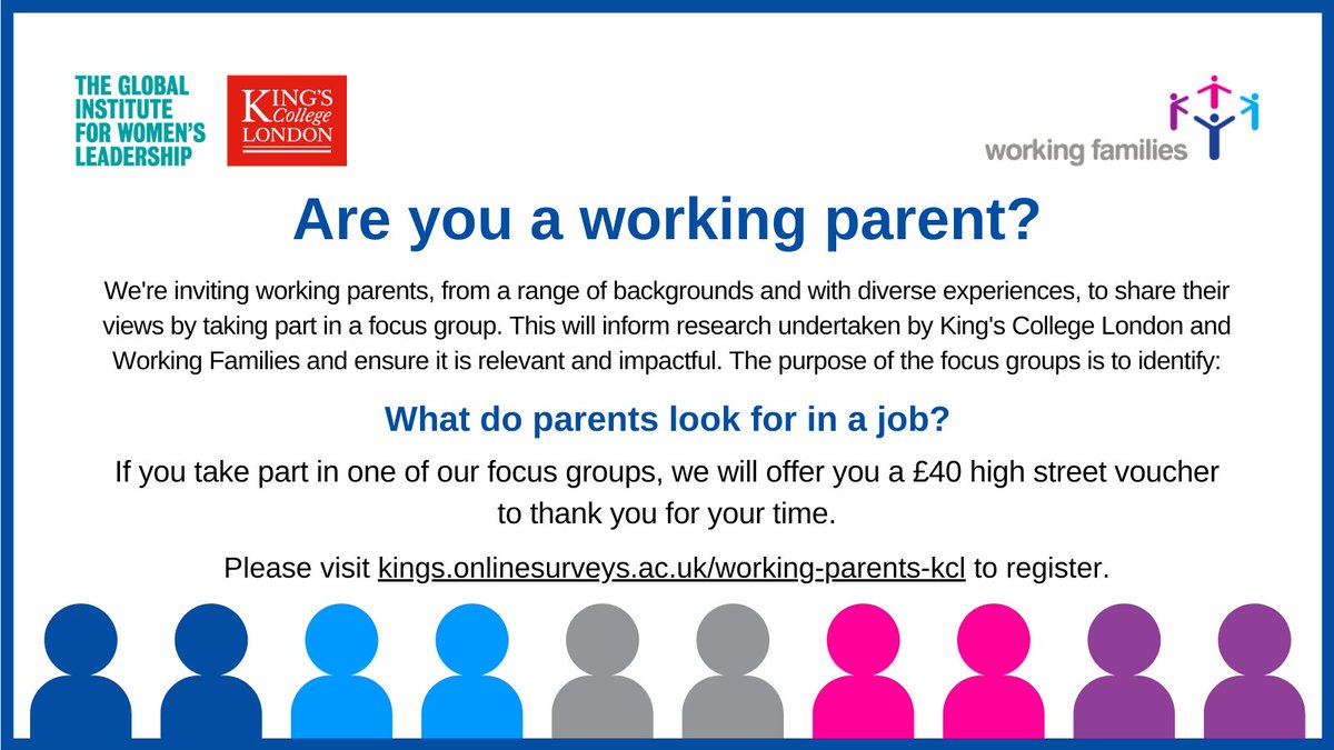 Calling all working parents! 👋

Together with <a href="/KingsCollegeLon/">King's College London</a> and <a href="/GIWLkings/">King's Global Institute for Women's Leadership</a> we are inviting parents to take part in a focus group to identify: What do parents look for in a job?

We can offer a £40 high street voucher as a thank you when you take part.

kings.onlinesurveys.ac.uk/working-parent…