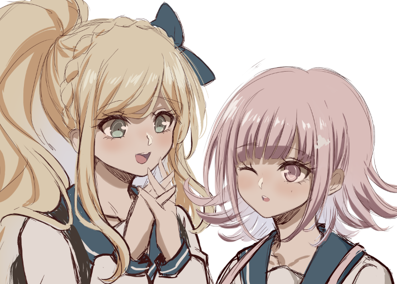 nanami chiaki ,sonia nevermind multiple girls 2girls bangs braid blonde hair bow one eye closed  illustration images