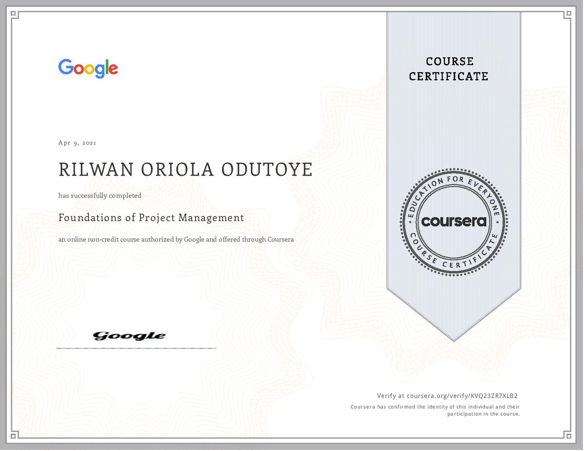 OdutoyeOriola's tweet image. Happy to have completed the #Google  #FoundationsofProjectManagement certification 😇