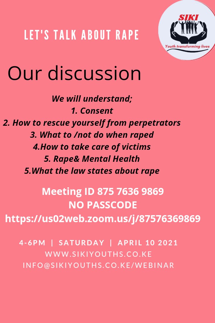 Join us tomorrow as we talk about #rape
#SexualHarassmentAwareness #mentalhealth
Time: Apr 10, 2021 04:00 PM Nairobi
Join Zoom Meeting
us02web.zoom.us/j/87576369869
Meeting ID: 875 7636 9869
@fabwilcareFDN @TinadaOrg @Phoenixcounselling @KUSO