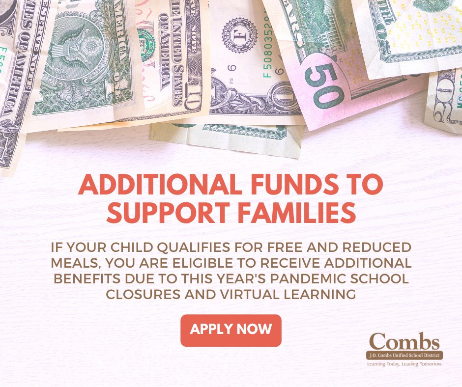 🚨💸Additional financial support may be available for your family. If your child qualifies for free and reduced meals, you can receive additional benefits due to this year's school closures and virtual learning. Submit your application today: ow.ly/3Bpj50EkSqs #CombsCares