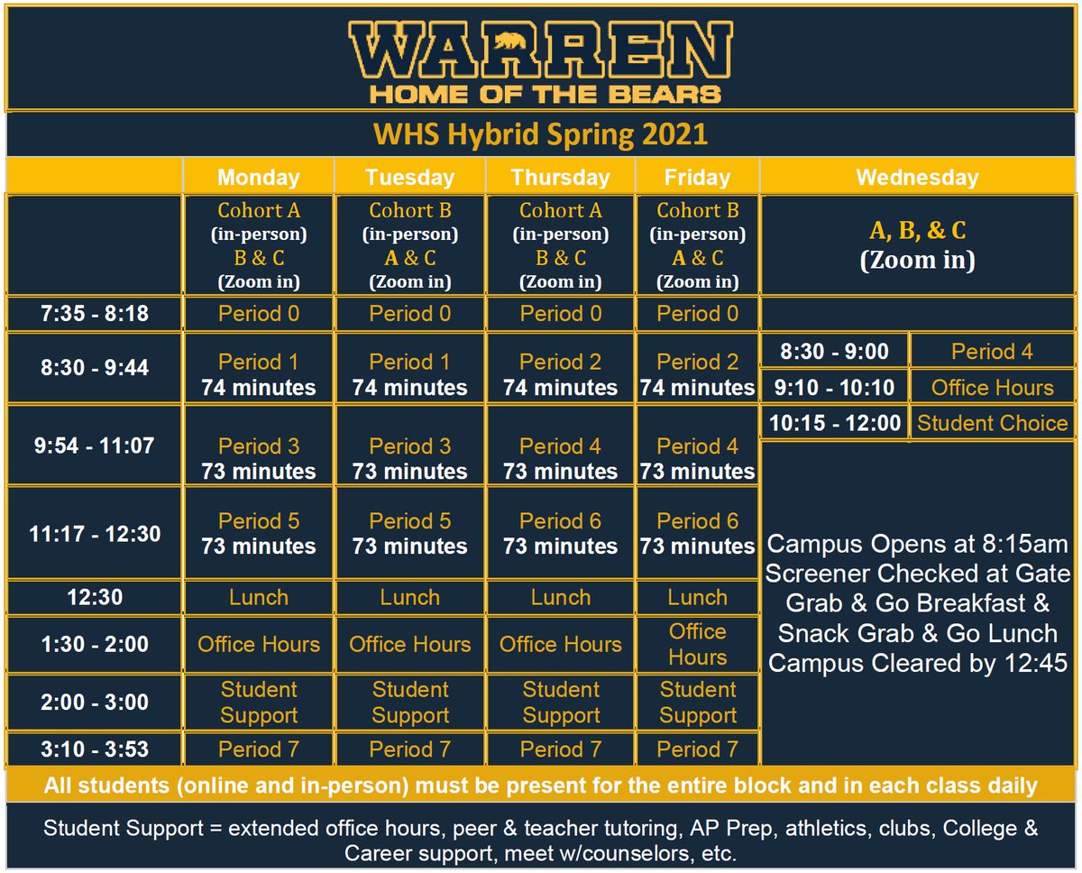 WarrenBears's tweet image. Hey Bears! Classes are back in session starting on Monday 4/12. Check out the weekly hybrid schedule to get ready for next week. 💛🐻💙