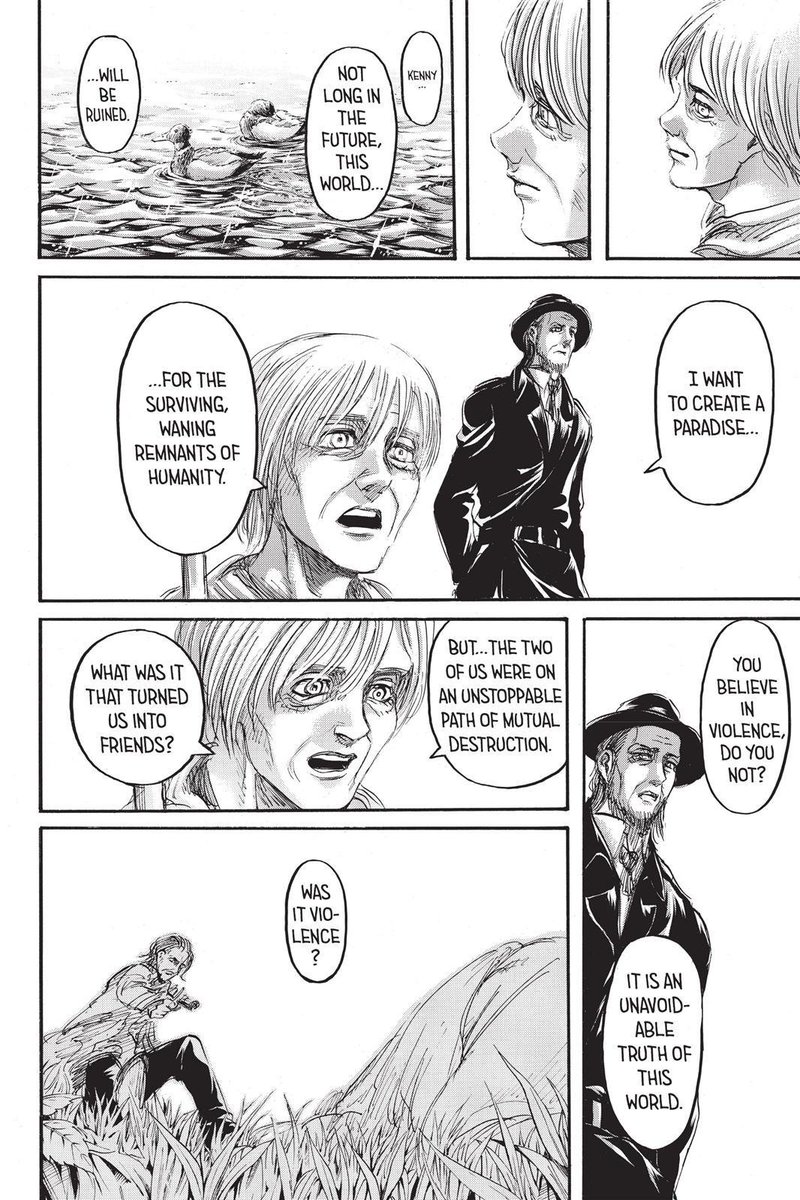 Since Willy Tybur's speech also briefly flashes back to this scene between Uri and Kenny I feel it's worth bringing up too. Just like Uri, Eren knew he didn't have long left, but he will live on in their memories and creates a "paradise" for the remnants of humanity left in a way