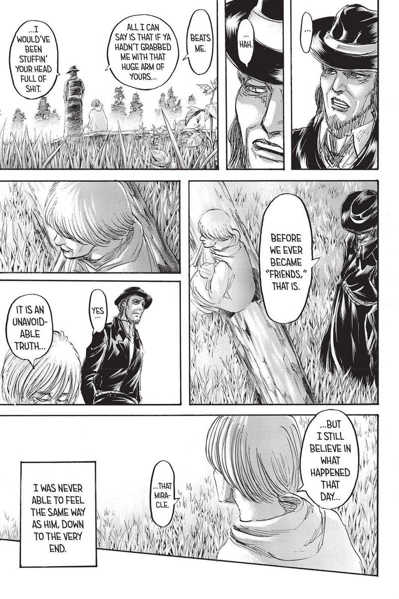 Since Willy Tybur's speech also briefly flashes back to this scene between Uri and Kenny I feel it's worth bringing up too. Just like Uri, Eren knew he didn't have long left, but he will live on in their memories and creates a "paradise" for the remnants of humanity left in a way