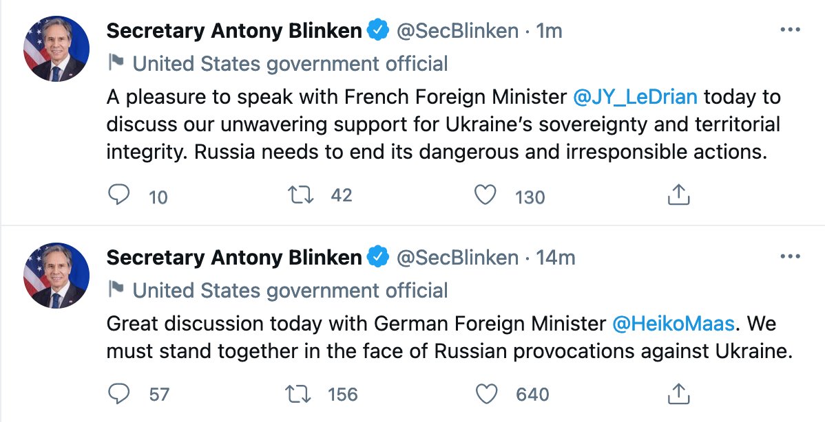 And tweets, now, from  @SecBlinken himself on the calls w/ #France  #Germany and the discussions on  #Ukraine &  #Russia