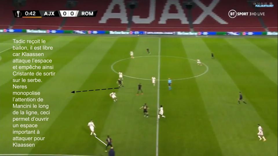 Dès le début du match l'Ajax s'est sans surprise signalé par une ambition très visible dans le positionnement de ses joueurs. D'entrée les amstellodamois posent un problème aux romains