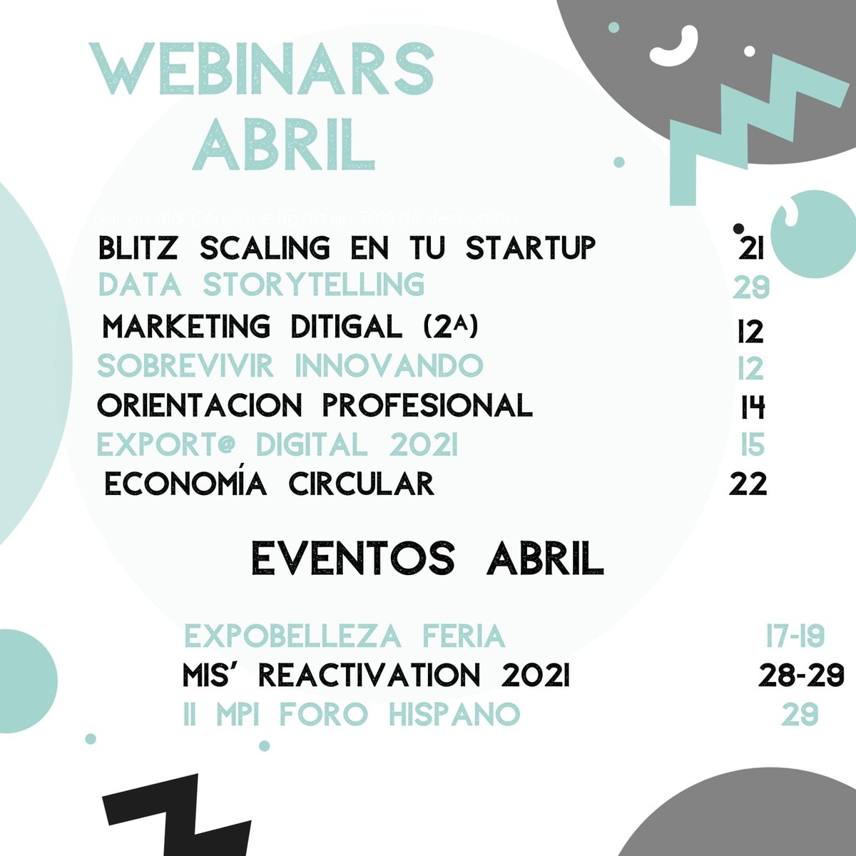 🤨 ¿Queréis saber qué eventos tendremos en el mes de ABRIL? 📆

¡Aquí os dejamos un calendario de los EVENTOS y WEBINARS que tendremos a lo largo de todo el mes! 

🤪 ¿Vais a asistir a alguno? ¡Os leemos! 👀