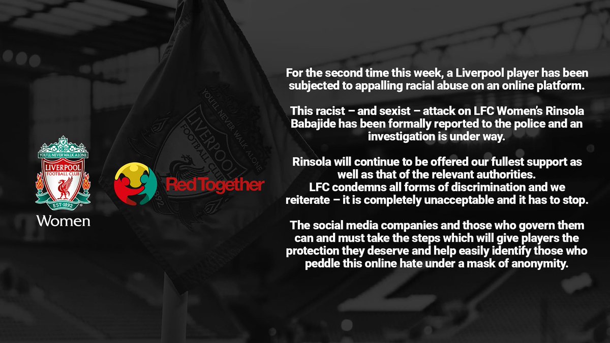 Merseysideredm's tweet photo. No place for racism! 

Image source: @LiverpoolFC

#liverpoolfc #lfc #merseysideredmen #stopracism #noplaceforracism https://t.co/bDDAwhe3Ev