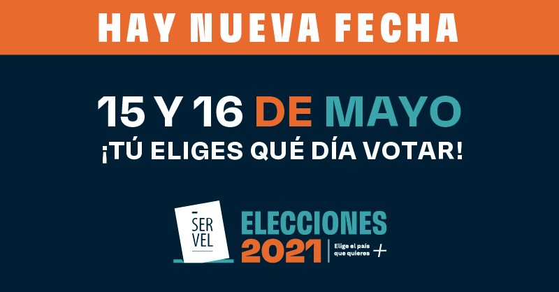 ServelChile's tweet photo. ¡Hay nueva fecha para estas elecciones 2021! Estas serán el 15 y  16 de mayo donde elegirás: Convencionales Constituyentes, Gobernadores Regionales, Alcaldes y Concejales. #EligeElPaísQueQuieres.