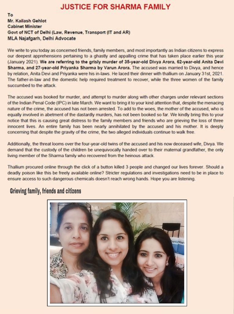Justice4Sharmas's tweet photo. @PMOIndia @narendramodi @CMODelhi @ArvindKejriwal @NCWIndia @TimesNow @TOIIndiaNews @cnnbrk @aajtak @newslaundry @the_hindu @ndtv @NewsX @AamAadmiParty @BJP4Delhi @INCDelhi @ShivSena @HindustanTimes #murder #justiceforsharmafamily #thalliumpoisoning #DeathPenaltyForVarunArora https://t.co/lew3IYxgnc