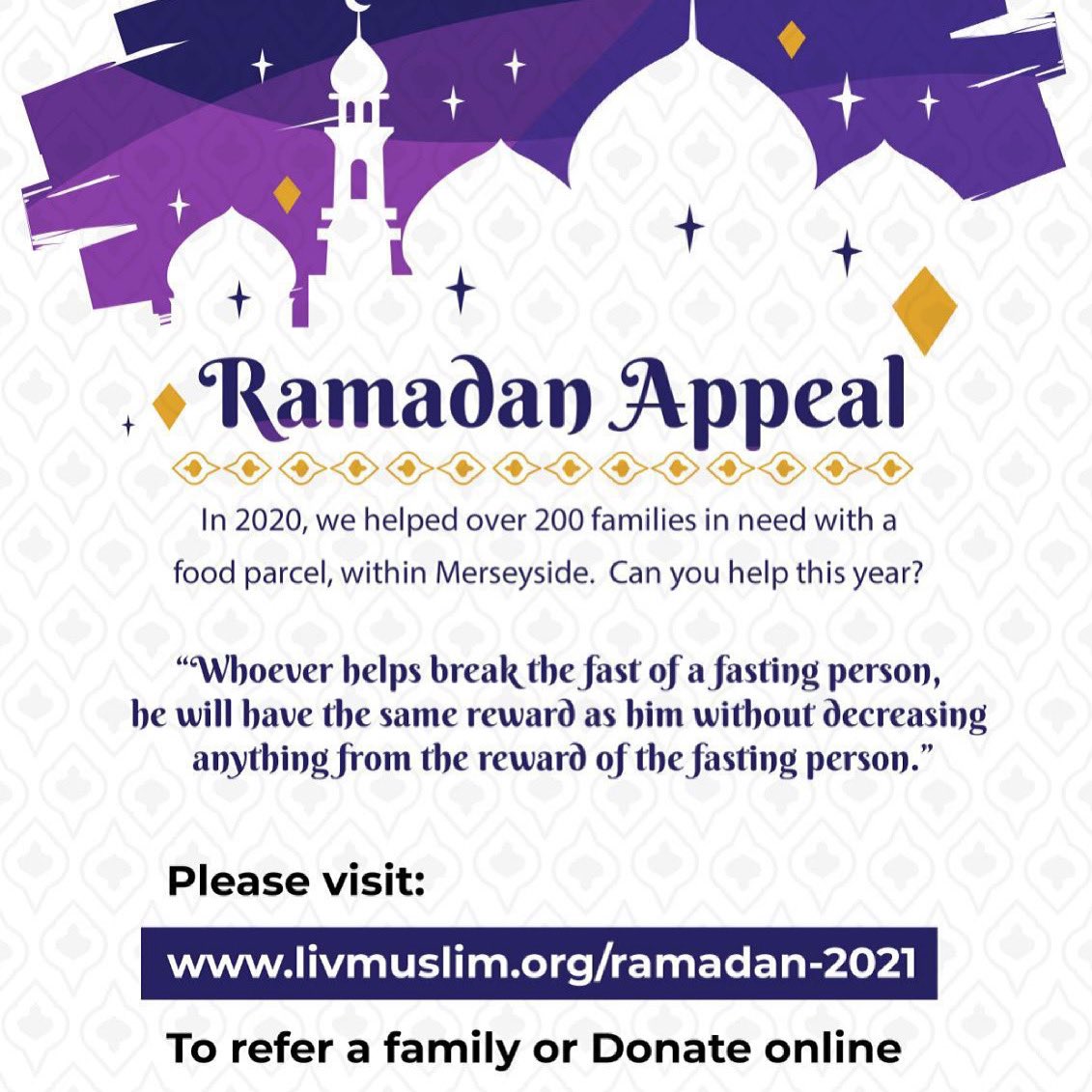 For the 3rd year running, LMOS will be supporting those fasting with their food needs
livmuslim.org/ramadan-2021/
Prophet pbuh said, ‘Whoever feeds a person breaking his fast will earn the same reward as him, without anything being lessened from the reward of the fasting person’.