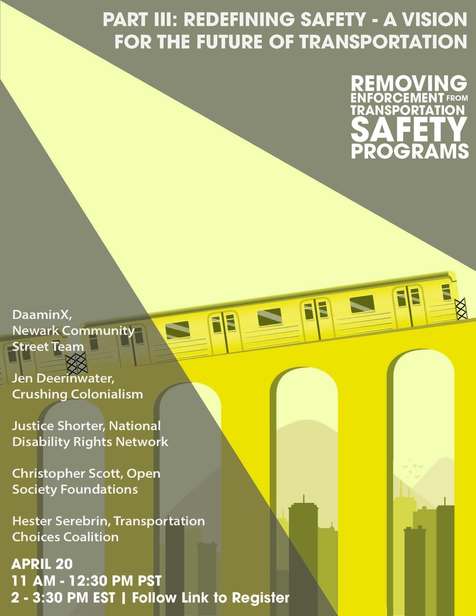Join <a href="/policylink/">PolicyLink</a>'s 3rd and final webinar in the series: Removing Enforcement from Transportation Safety Programs - Redefining Safety: A Vision for the Future of Transportation.us02web.zoom.us/webinar/regist… #transportation #safety #enforcement