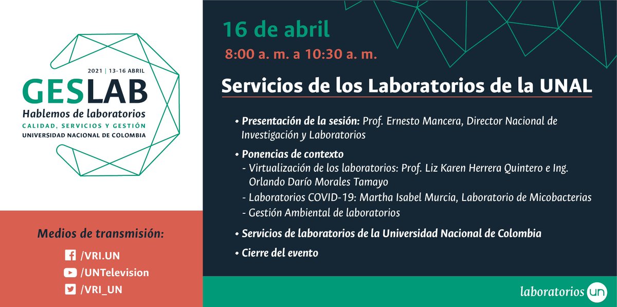 VRIUNAL's tweet photo. #SomosLaboratorios Conoce la programación actualizada del #GESLABUNAL 2021 y prográmate para la próxima semana.
🗓️13-16 abr. 2021
📡YouTube @UNTelevision / FB y Twitter @VRI_UN
ℹ️ https://t.co/KP1BOKjRL8
#SomosUNAL @DirLabSedeBog @DIEB_UNAL @DieUNMed @UNAL_Manizales #UNAL https://t.co/LNbdUTsok3