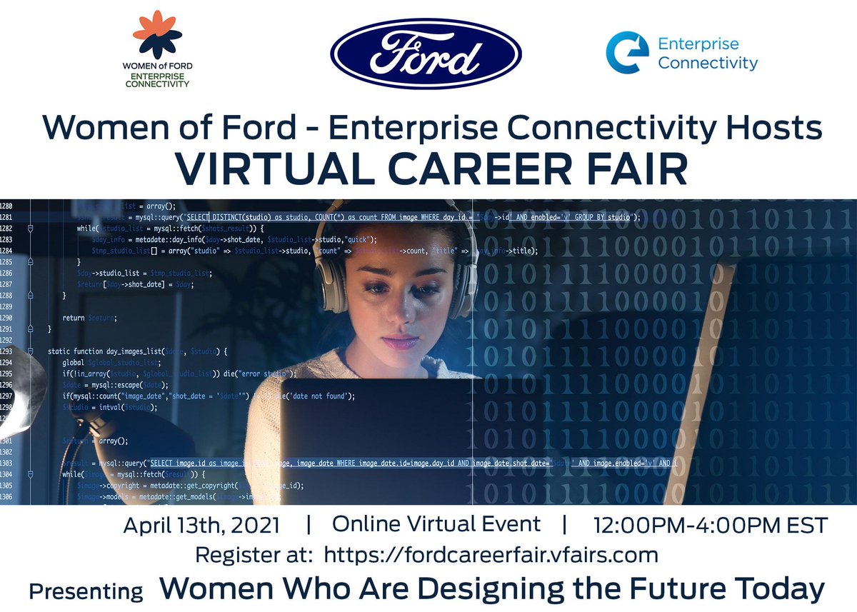 FordCareers's tweet image. Women of Ford Enterprise Connectivity is hosting a Virtual Career Fair on Tuesday, April 13th, 2021 from 12pm-4pm ET! Come for the opportunity to get to know how Ford is becoming the world's most trusted company. Please Register at: ford.to/31XfYBw