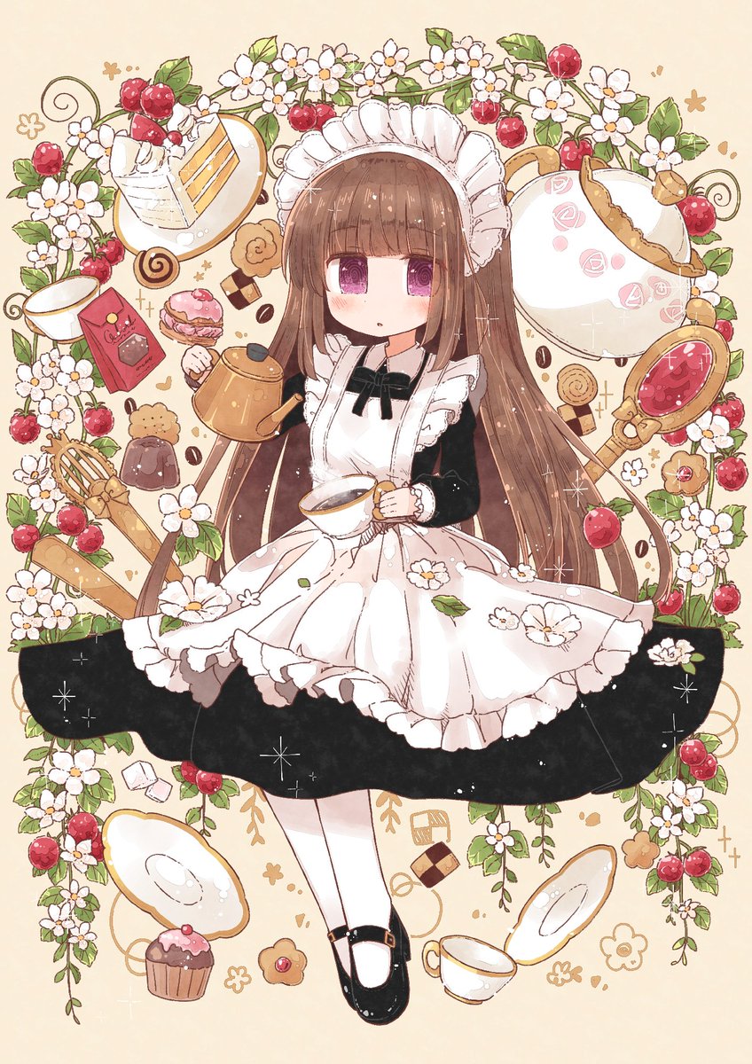 1girl food brown hair maid solo maid headdress long hair  illustration images