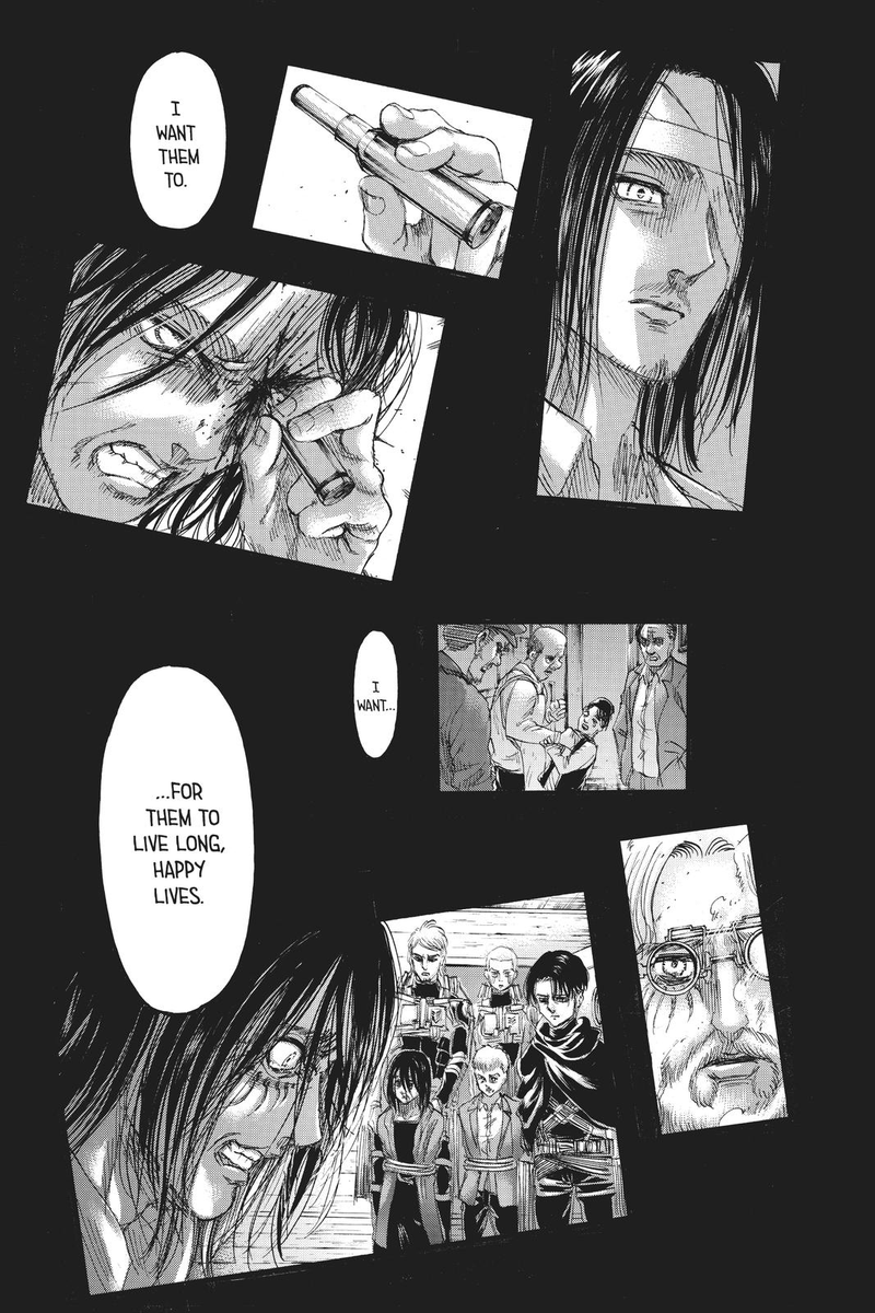 It's actually weird how clear it was that Eren was always planning to die at the end of all this, I don't know why one would expect him to want to go on living after the rumbling. In 138 too he was telling Mikasa to forget about him, live and be happy, because he knew.