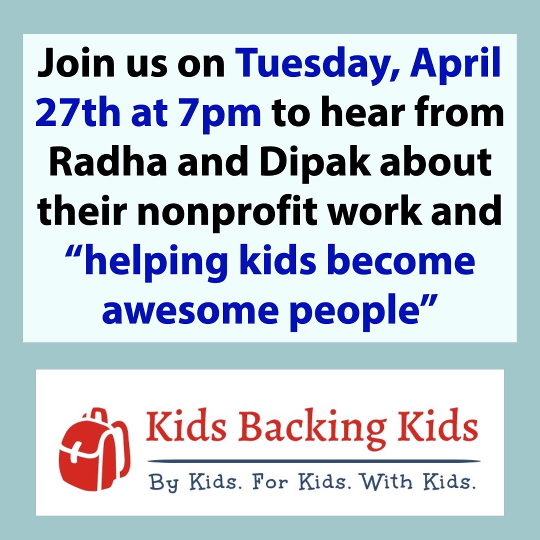 KidsBackingKids's tweet image. Join our April Learning Session on 4/27 at 7 pm with Radha and Dipak Basu for the opportunity to learn about their amazing nonprofit work and careers! Sign up on our website!! #kidsbackingkids