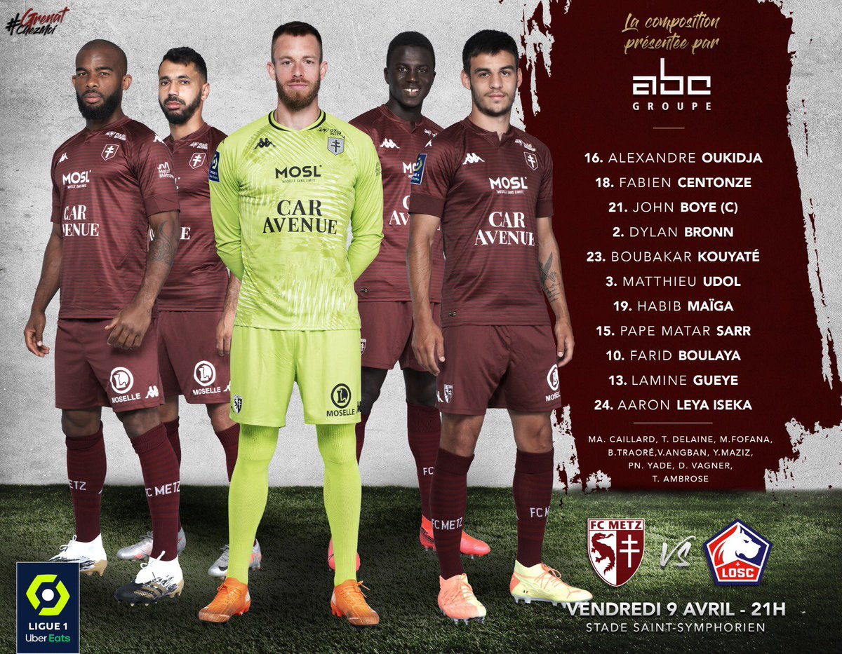 FCMetz's tweet photo. #FCMLOSC #GrenatChezMoi [ ℂ𝕠𝕞𝕡𝕠𝕤𝕚𝕥𝕚𝕠𝕟 ]

🔝 La composition des Grenats pour affronter le @losclive vous est présentée par ABC Groupe ! 🇱🇻👊 https://t.co/6inS5V5Ygl