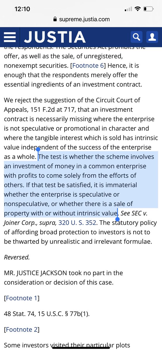 But the SEC refuses to acknowledge what the law is. I’ve made it clear from day one that I’m not a Securities law expert, but I can read. The SEC keeps making a big deal about speculative investing. I encourage them to re-read Howey. The very next sentence following the test.