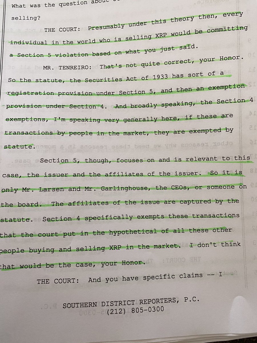 When we filed our Writ of Mandamus, they could’ve come out and made it clear. They refused. Instead, they blamed the exchanges. When Judge Netburn told the SEC lawyer that according to his argument every person in the world selling  #XRP was in violation of Section 5 () of the