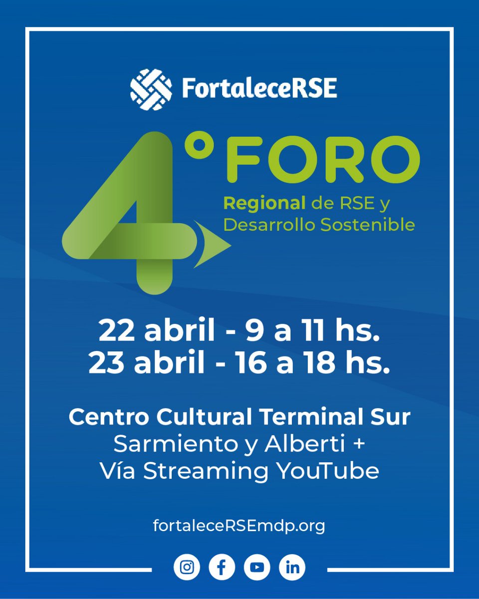 fortalecersemdp's tweet photo. Los invitamos a seguir en vivo el 4to Foro Regional de RSE.
Presentaremos y debatiremos temas como finanzas sostenibles e inversiones de impacto socio-ambiental y energías renovables en las empresas.

Inscripción: https://t.co/omDb3s2nW1

Transmisión: https://t.co/KDS41fXsUc https://t.co/3BKrJbochK