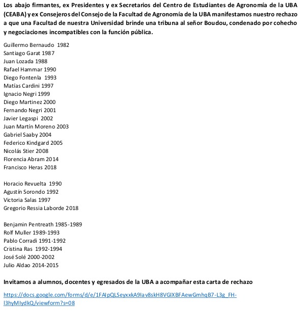 willybernaudo's tweet photo. Los abajo firmantes, ex Pdtes  y ex Secr del Centro de Estudiantes de Agronomía de la UBA 
(CEABA) y ex Consejeros del Consejo de la Facultad de Agronomía de la UBA manifestamos nuestro rechazo 
a que una Facultad de nuestra Universidad brinde una tribuna al señor Boudou https://t.co/qibTunTfZw