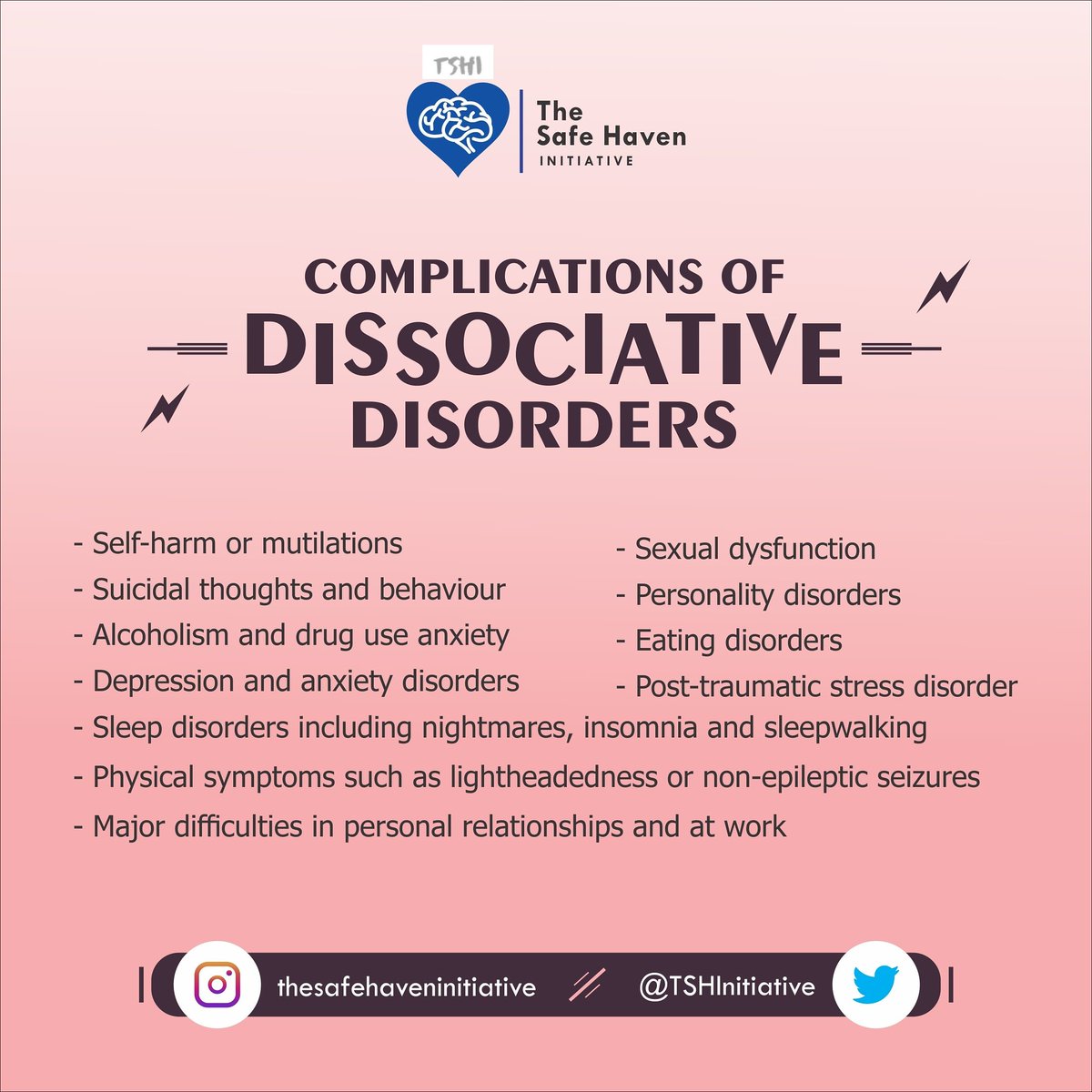 People with dissociative disorders are at increased risk of complications and associated disorders, such as the ones below.

#mentalhealthisimportant #mentalhealth #mentalhealthadvocacy #mentalwellbeing #mentalhealthawareness #MentalHealthMatters #dissociativedisorder #sdg3 #TSHI