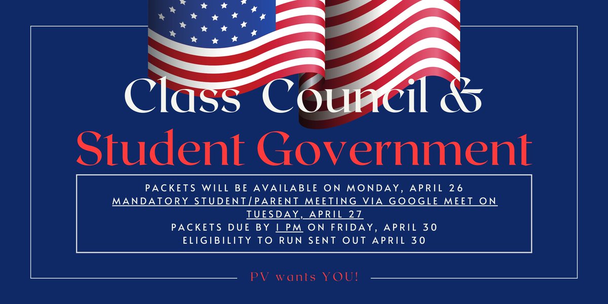 pvcobrashs's tweet image. SGA and Class Council Elections are coming up the week of April 26th! Don&apos;t miss your chance! @pvhsSGA