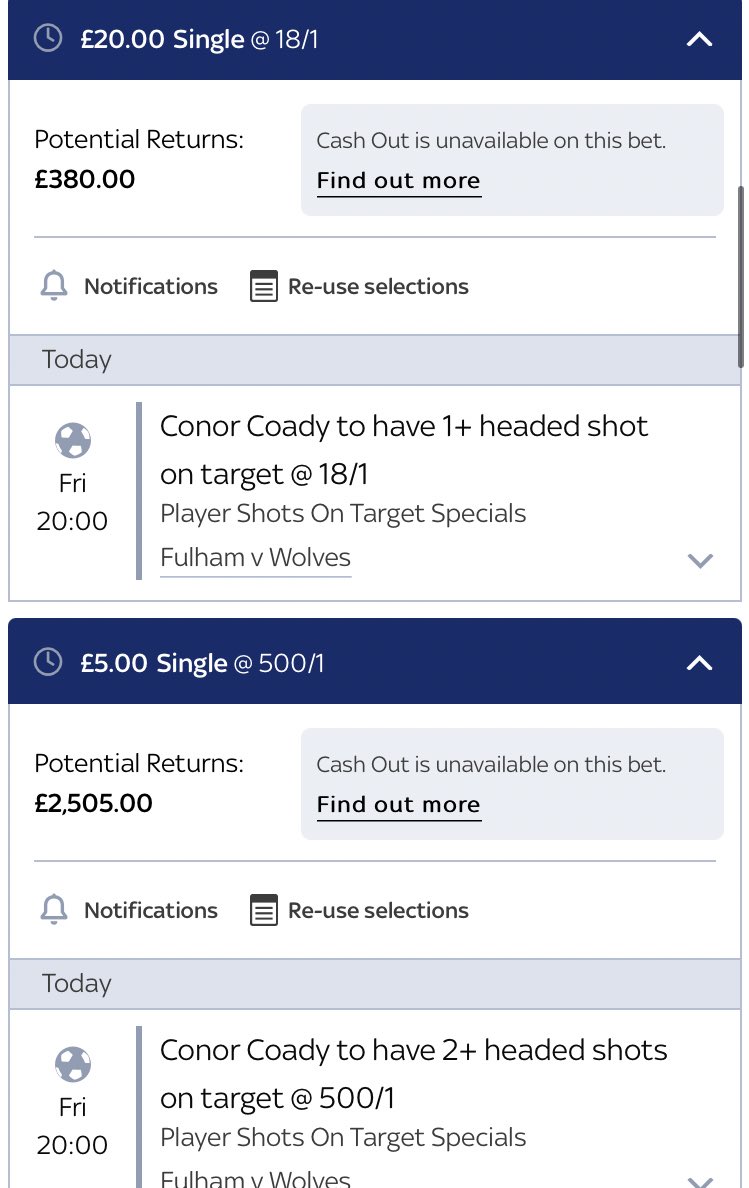 Bit of a price play tonight, these are too big, four games in a row heโs had a headed shot now ( including one goal) so taking a chance we could get one on target, looks an attacking Wolves team so hopefully will get a few chances ๐ค๐ป
Sky Bet
โญ๏ธ1 Headed SOT 18/1
โญ๏ธ2+ = 500/1 https://t.co/qnQ1Yz0SYC