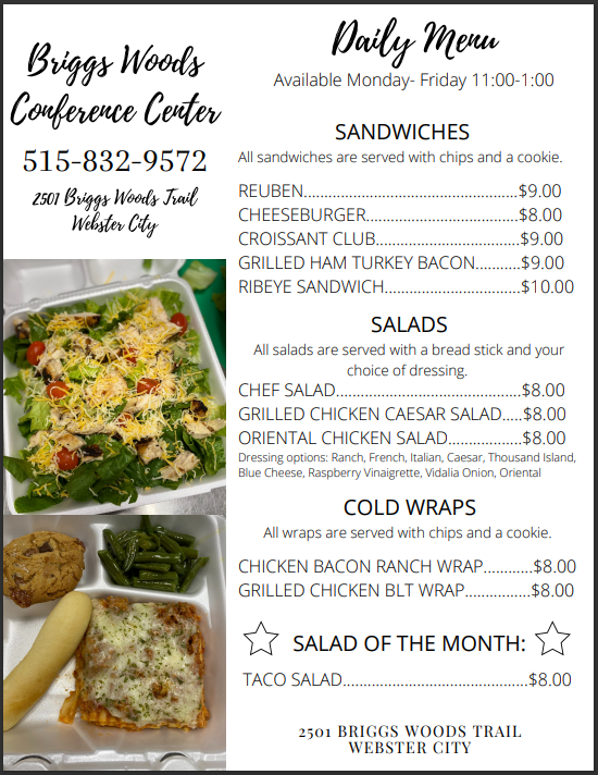 CenterBriggs's tweet photo. Here is next week's menu!!! Call us at 515-832-9572 to place your Go-Meal order!! https://t.co/fjxVCD0RdF