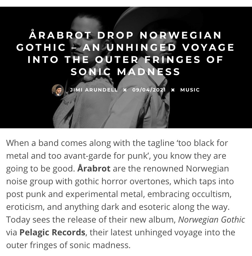 JimiA's tweet photo. REVIEW \\ Årabrot - Norwegian Gothic
The Norwegian noise pairing send listeners off into the outer fringes of sonic madness with their doom laden ninth album.
More at FMS Mag: https://t.co/kapzSzLqhT
#Årabrot #Arabrot #FMSmag https://t.co/cN1TfnPVJK